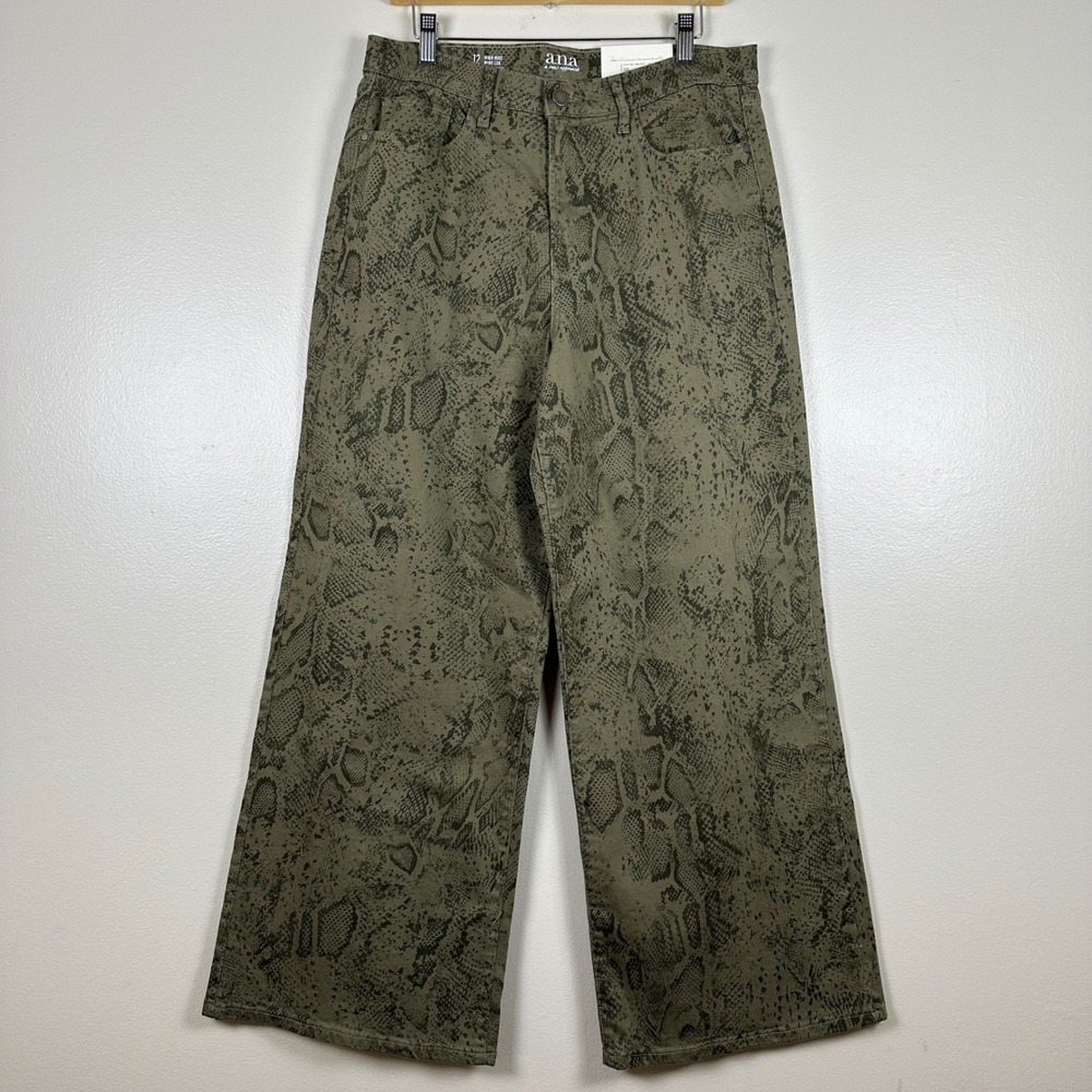 a.n.a Women's 12 Wide Leg Pants Olive Green Python Snake Print High‎ Rise NWT